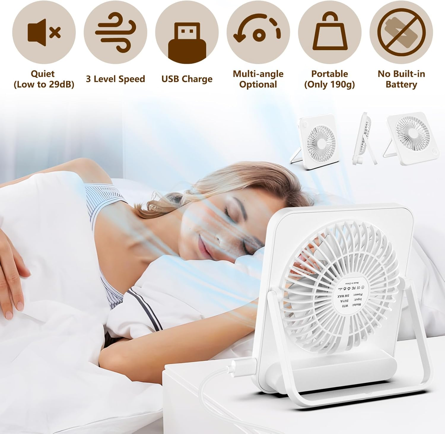 Hianjoo Mini Desk Fan, Personal USB Powered (No Battery) Portable Desktop Table Mini Cooling Fan 3 Speeds Angle Adjustable Quiet Strong Wind Small Travel Fan for Home Bedroom Office Car, White image number 1