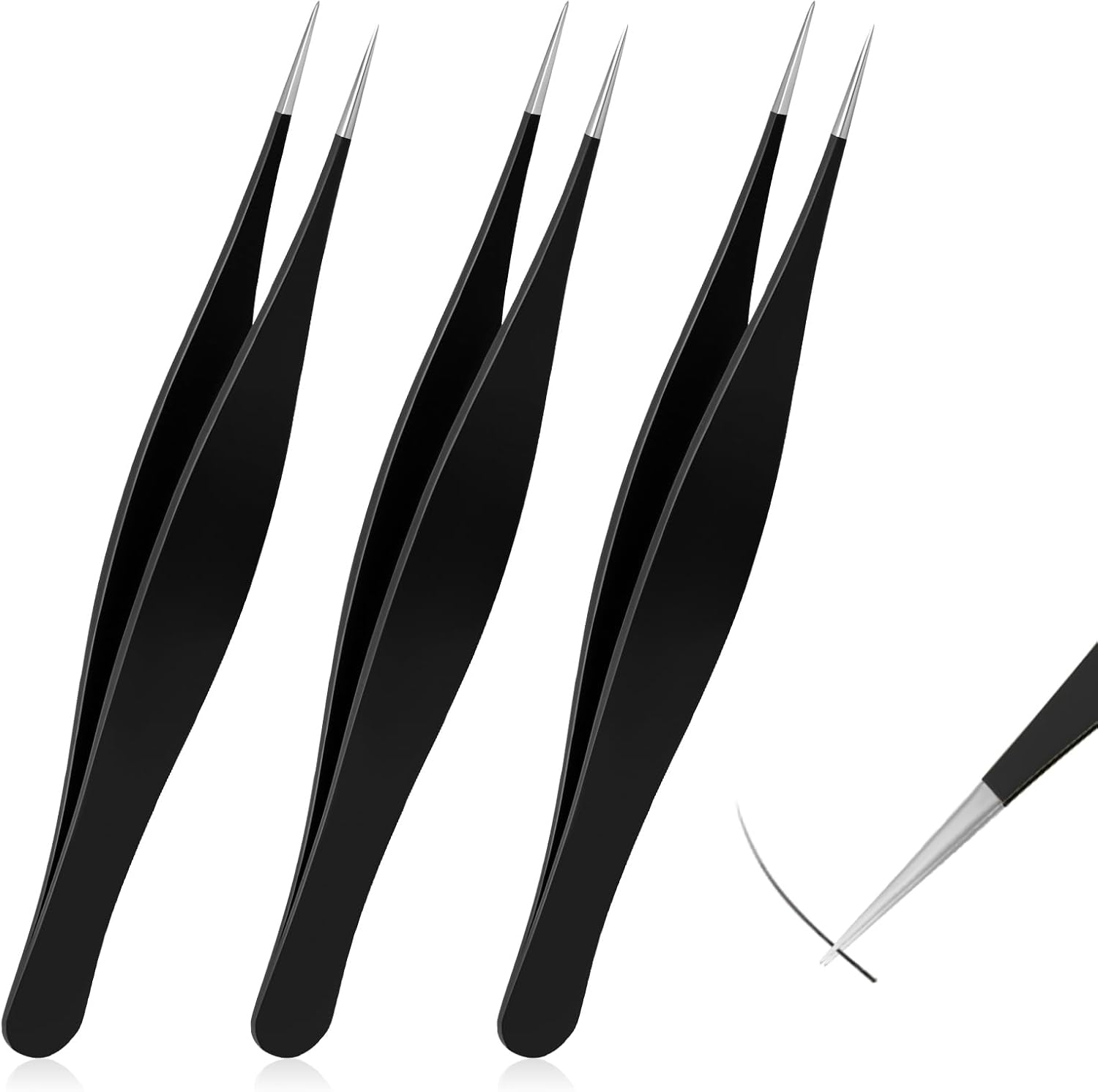 3 Pieces Ingrown Hair Tweezers Pointed Tweezers Precision Needle Point Tip Tweezers Needle Nose Tweezers Stainless Steel Blackhead Remover Eyebrow Tweezers for Facial Hair Remover Black