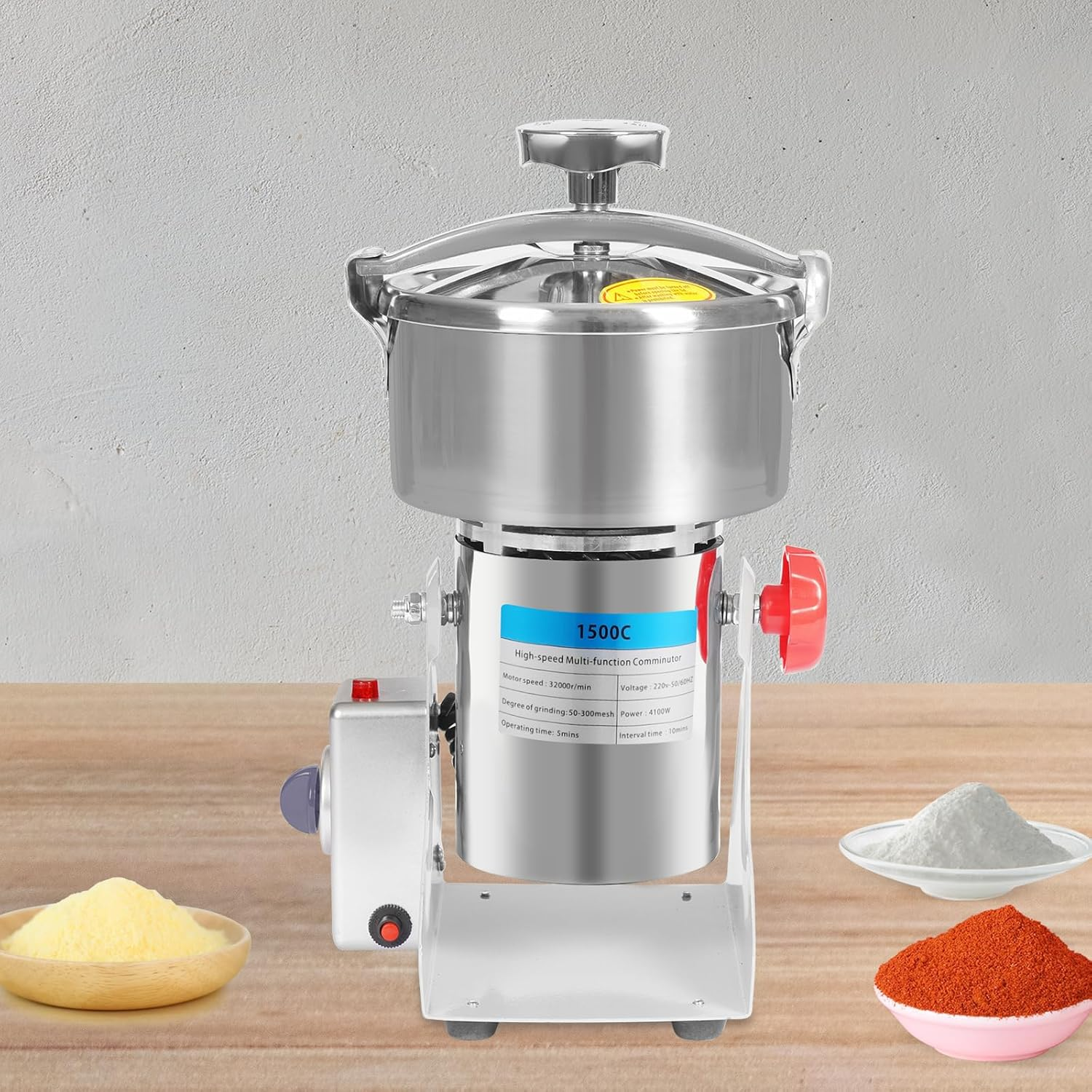 Electric Grain Mill Grinder, 1500G High Speed Commercial Dry Grain Grinder W/Pressured Lid, 4100W 304 Stainless Steel Spice Grinders for Grains, Millet & Spices for Commercial & Home Use image number 6