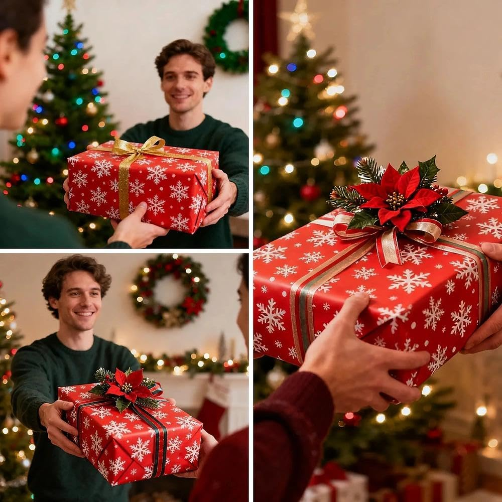 Christmas Wrapping Paper Roll- 17 Inch X 33 Feet Snowflake Design for Christmas,Winter,Holiday (Red + White) - Green + White image number 4