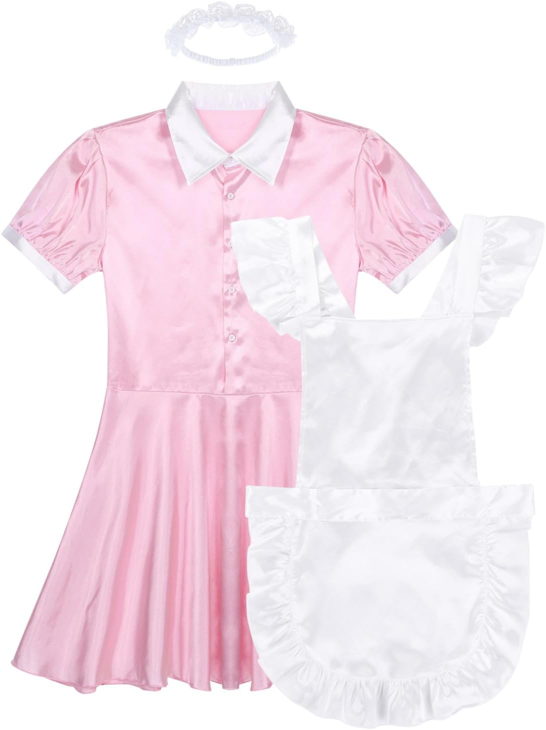 Yeahdor Men'S Short Sleeve Satin French Maid Uniform Crossdressing Sissy Lingerie Fancy Dress Outfits image number 4