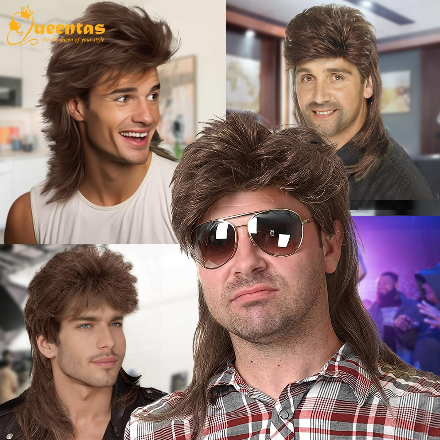 QUEENTAS Mullet Wigs for Men Brown 80S Costumes Adult Funny Wig Fancy Party Accessory Cosplay Pop Rock Hair image number 6
