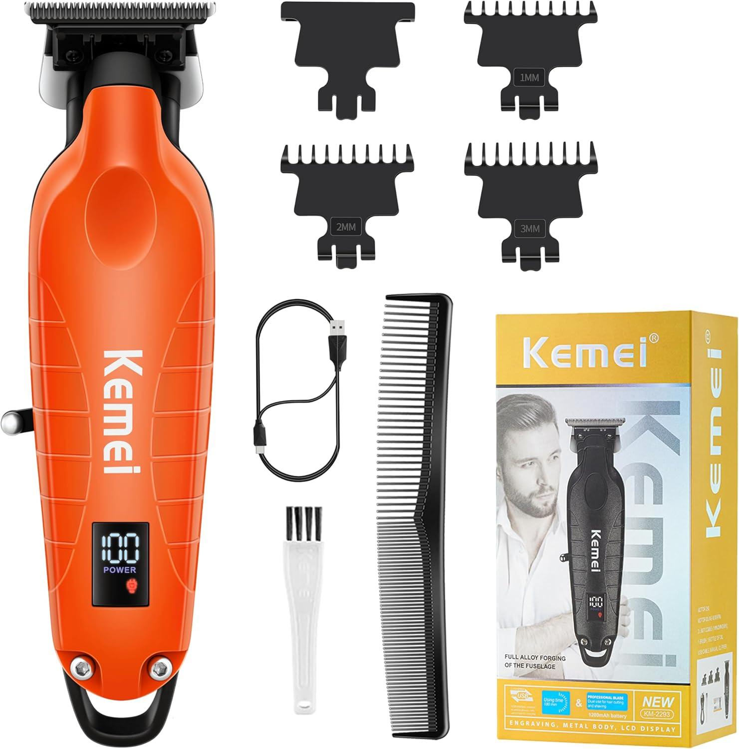 KEMEI 2293 Professional Hair/Beard Trimmer for Men Zero Gapped Hair Clippers for Barber with T Blade, Cordless Rechargeable, Silvery