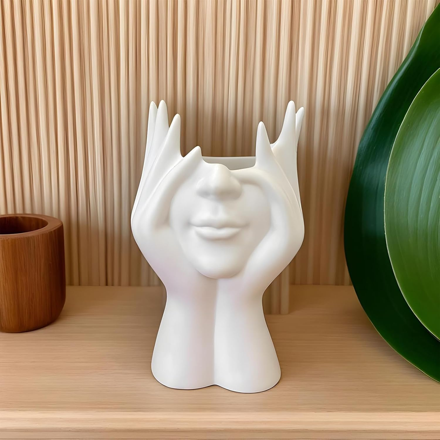 Abstract Facial Makeup Brush Holder, Face Hand Design Make up Brush Organizer, Decorative Dresser Receiver, Bohemian Modern Elegant Station for Bathroom Dorm Home Desktop Organization image number 2