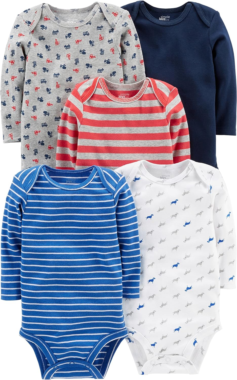 Simple Joys by Carter'S Baby Boys' 5-Pack Long-Sleeve Bodysuit, Blue/Grey Trucks/Red Stripe, Preemie image number 1