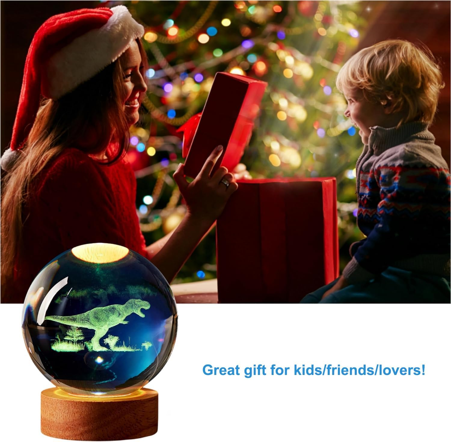 Crystal Ball Night Light, 3D Animal Models Night Light, USB Powered, Wooden Base, Birthday Christmas and Others Dream Decoration Gift (Dinosaur/Color Light, 6CM) image number 2