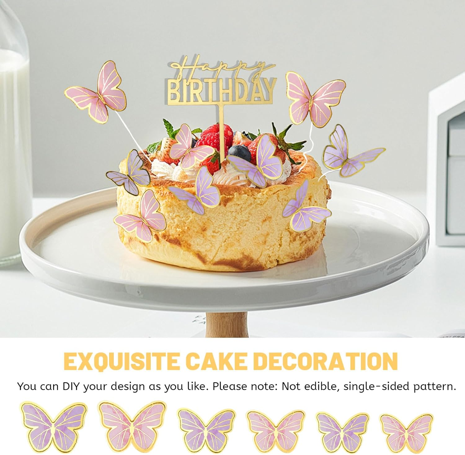 88Pcs Butterfly Cake Toppers, 5Pcs Gold Acrylic Happy Birthday Cake Toppers, Mixed Size 3D Butterfly Cake Decorations for Cupcake Wedding Birthday Party Decor (Purple & Pink) image number 3
