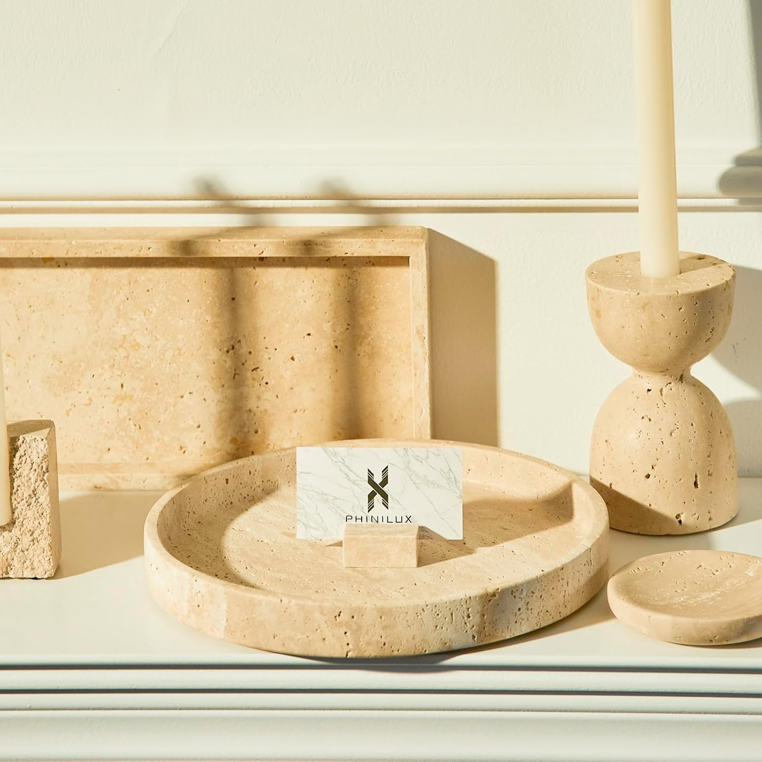 PHINILUX Travertine Marble Vanity Tray, round Ottoman Tray, Modern Decorative for Bathroom, Kitchen, Nightstand, Jewelry Dish Holder, Table Accents, Beige Travertine, Mb-Tray-T-01 - Beige image number 1