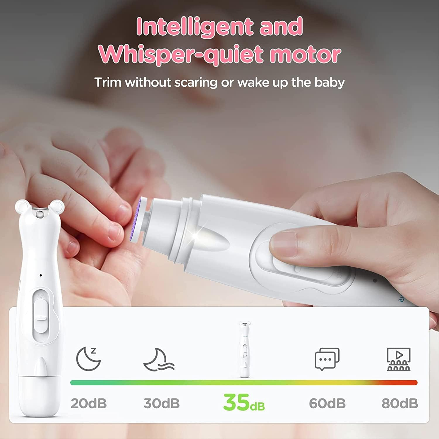 Electric Baby Nail File Trimmer, 2 In1 Rechargeable Baby Nail Clipper Baby Nail File Set with LED Light & 6 Grinding Heads, Care Trim Polish Toes and Fingernail Grooming Manicure Kit for Newborn, Toddler, Kids, Infant (Green) image number 2