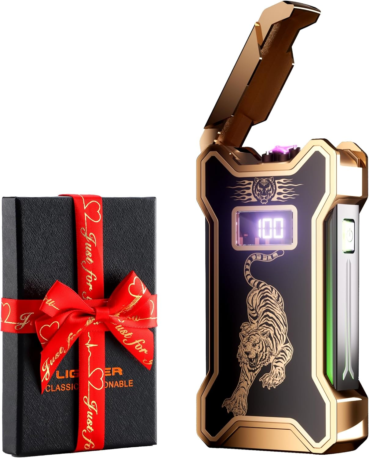 Cool Gifts Electric Lighter for Men Dad Him Digital Counter Bettary Display Windproof Flameless Plasma USB Rechargeable Arc Birthday Gifts for Men, Boyfriend, Husband (Tiger)