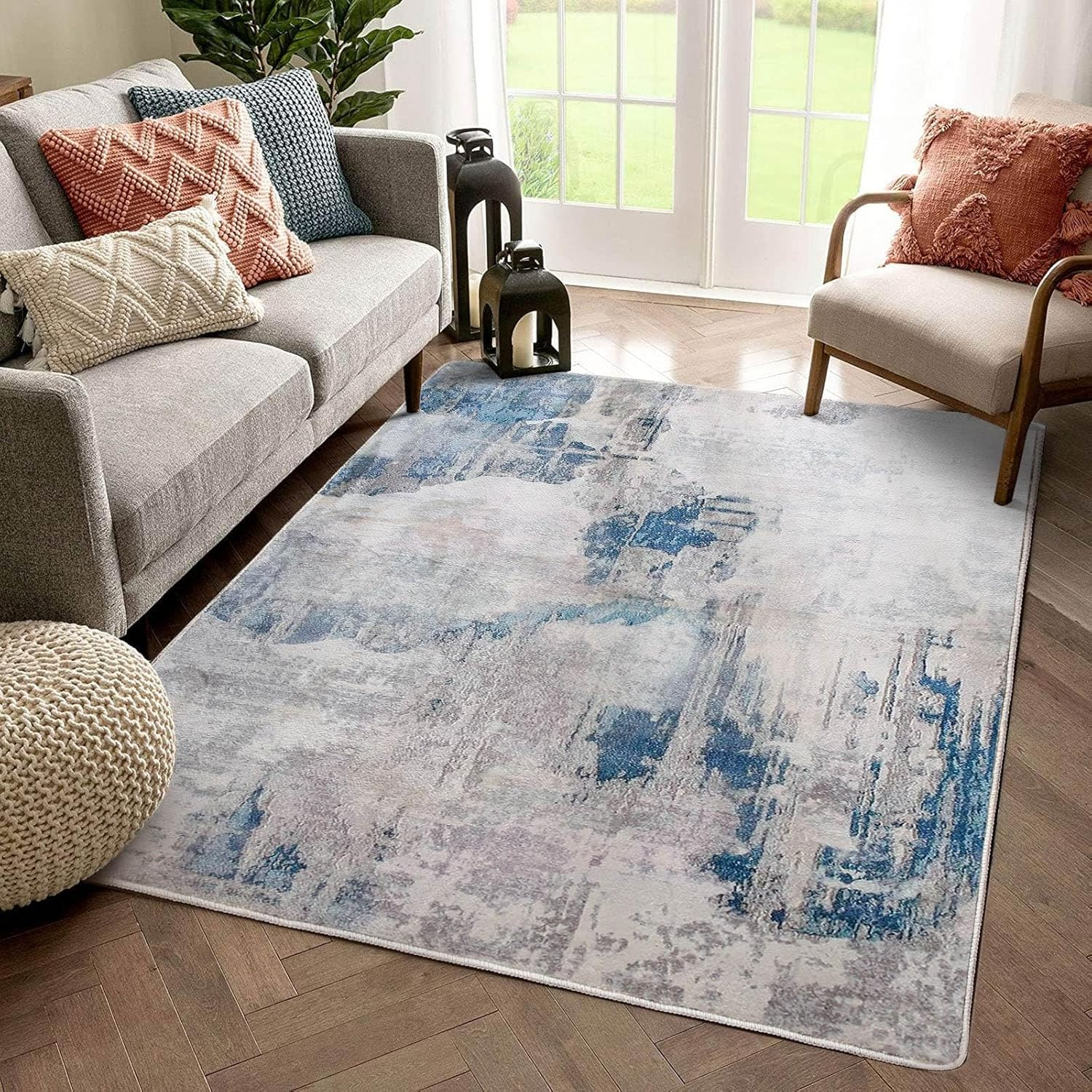 Rugs Living Room Grey Area Rugs for Bedroom Modern Abstract Rug Large Short Pile Rugs Carpet Non-Slip Soft Living Room Rugs Room Decor (Lake Blue/Grey/Beige, 120 X 160 Cm)
