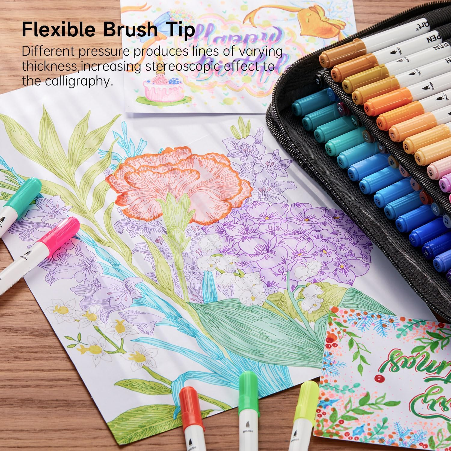 Shuttle Art Dual Tip Brush Pens, 70 Colours Fine and Brush Tip Markers Set with Portable Case & 1 Colouring Book, Felt Tip Colouring Pens for Adults and Children Colouring Calligraphy Journal Doodling - 96 Colours image number 6