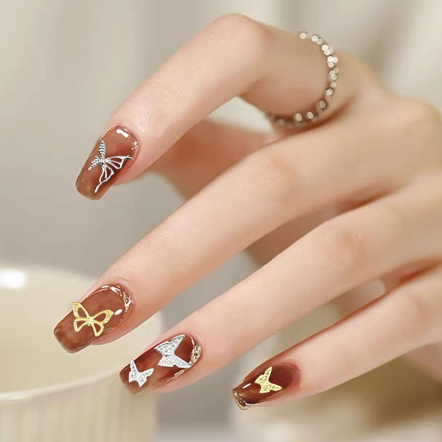 Butterfly Nail Charms, 2 Boxes Gold Silver Butterfly Nail Gemstones, Metal Alloy Hollow Butterflies Nail Art Decoration Accessories Nail Studs for Women and Girls, Manicure Design