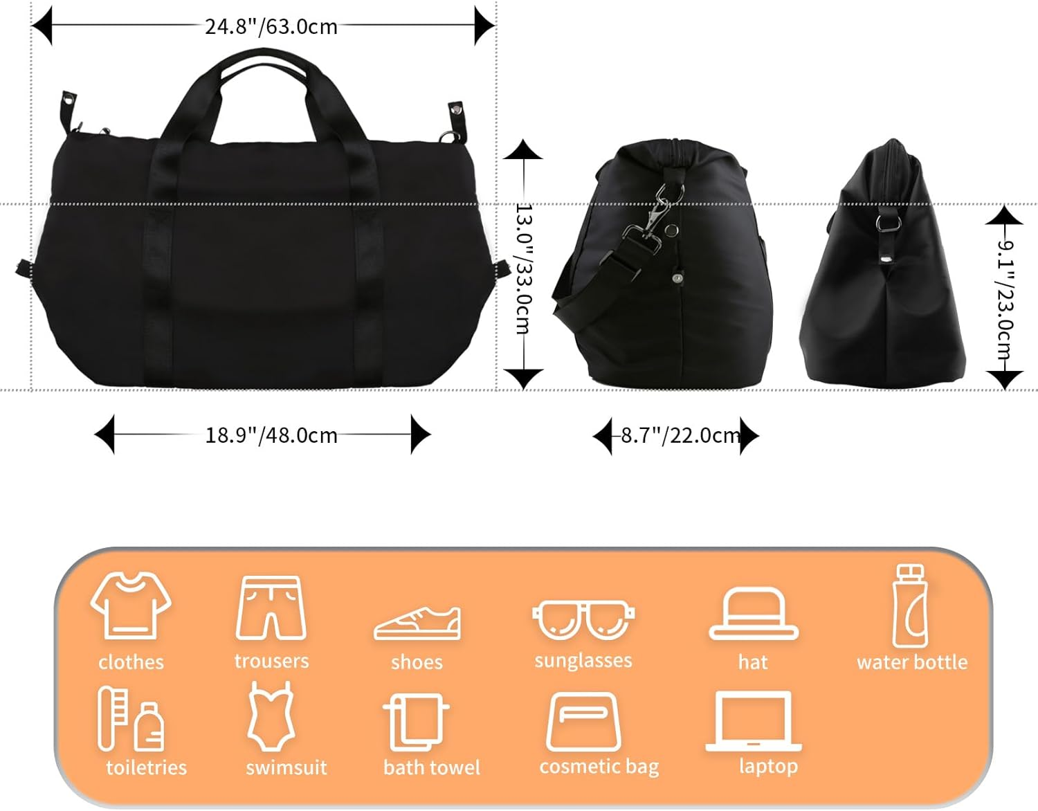 WALNEW Large Folding Gym Tote Bag for Women Men, Travel Carry on Overnight Weekender Duffle Bag, Waterproof Lightweight Sports Duffel Bag with Wet Pocket, Black - Klein Blue image number 5