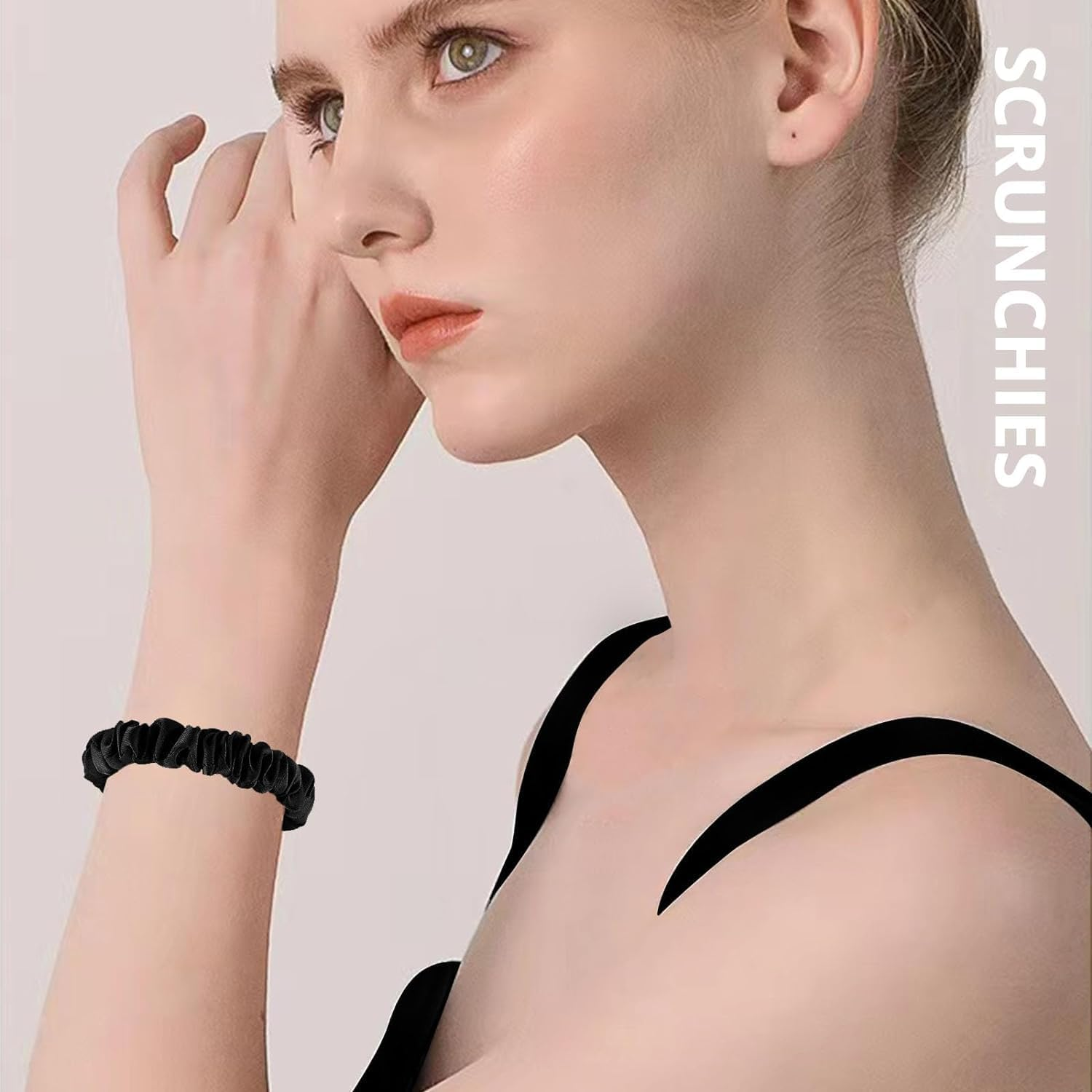 12Pcs Black Satin Scrunchies Hair Ties Bands for Woman Girls, Skinny Silk Satin Hair Scrunchies, Small Ponytail Holders No Damage Breakage for Thin/Thick Curly Long Fine Hair image number 3