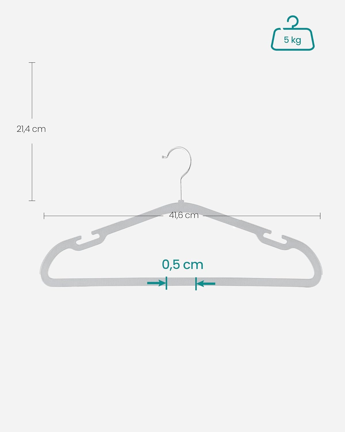 SONGMICS Coat Hangers, Pack of 30, Heavy-Duty Plastic Hangers, with Wide Shoulder Notches, Trousers Bar, 360&deg; Swivel Hook, Space-Saving, 41.6 X 21.4 Cm, for Wardrobe, Grey CRP065G01 - 50, Cloud White image number 2