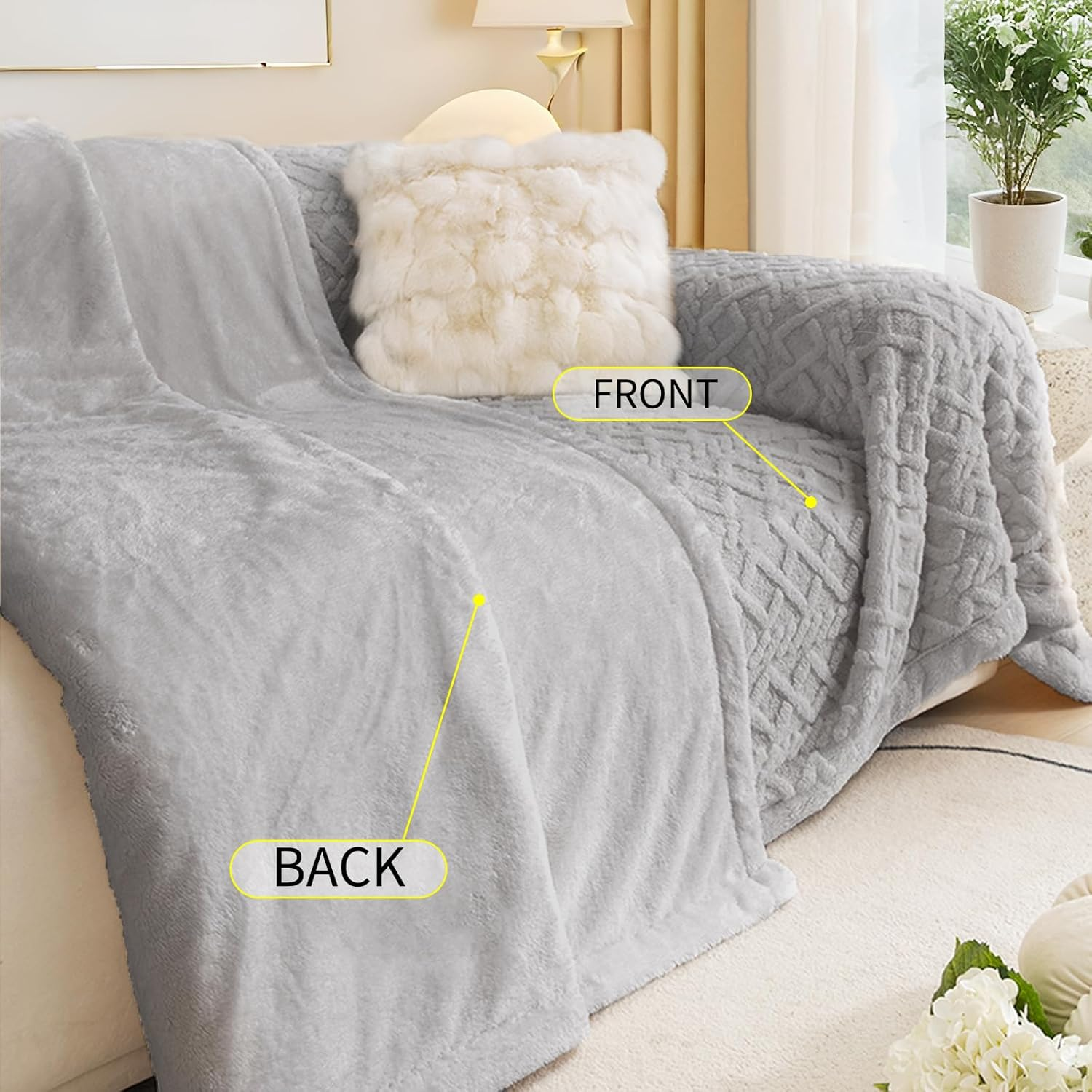 Ksriylm Light Grey Fluffy Sofa Covers Chenille Couch Covers for 3 Cute Couch Cushion Covers Pet Protector Winter Couchcover Loveseat Cover Multi-Functional Throwcover, 180 * 300CM(71" X118") image number 2