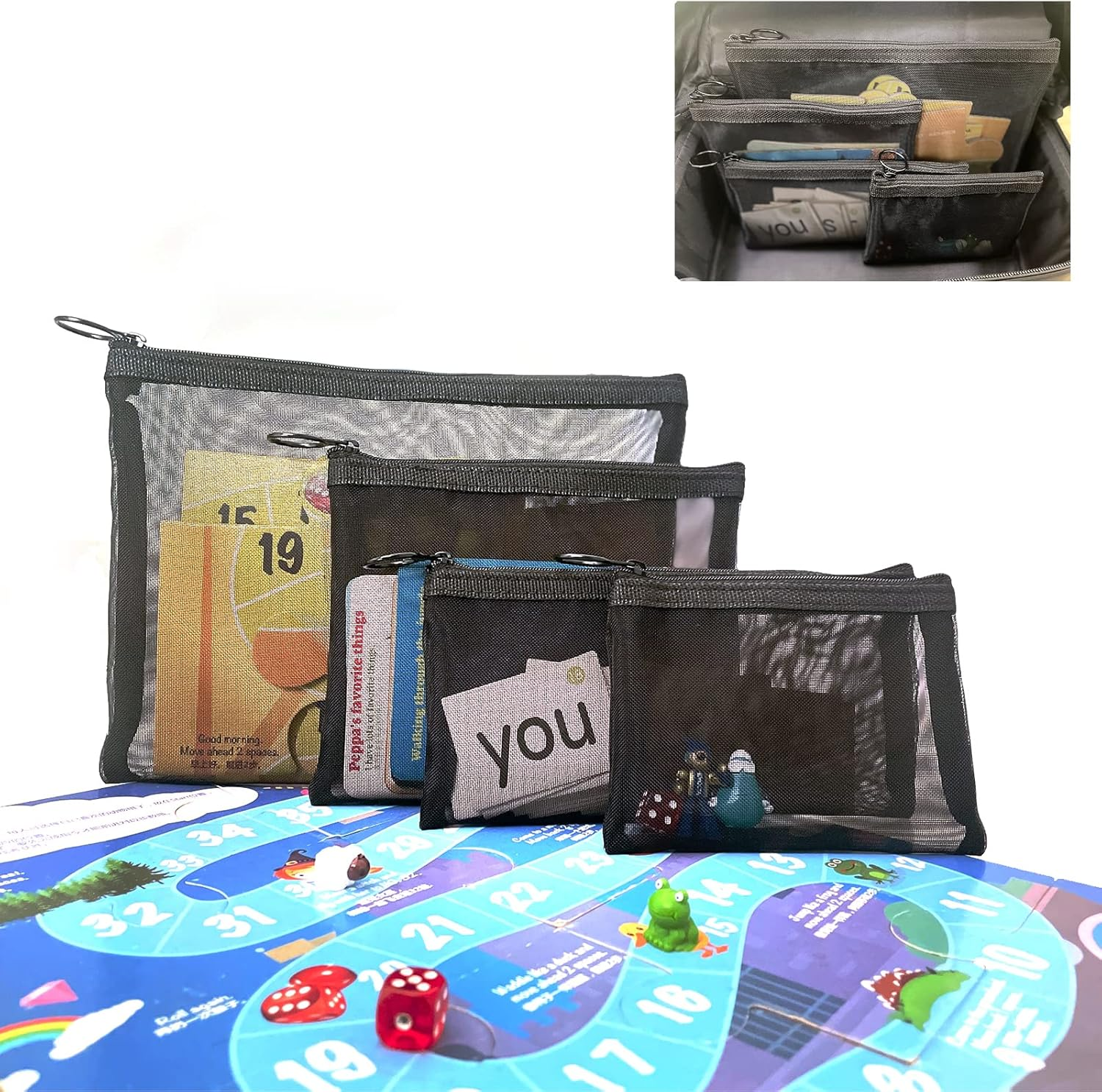 Patu Zipper Mesh Bags, Pack of 4 (S/M/L & Pencil Pouch), Beauty Makeup Cosmetic Accessories Organizer, Travel Toiletry Kit Set Storage Case, Black image number 1