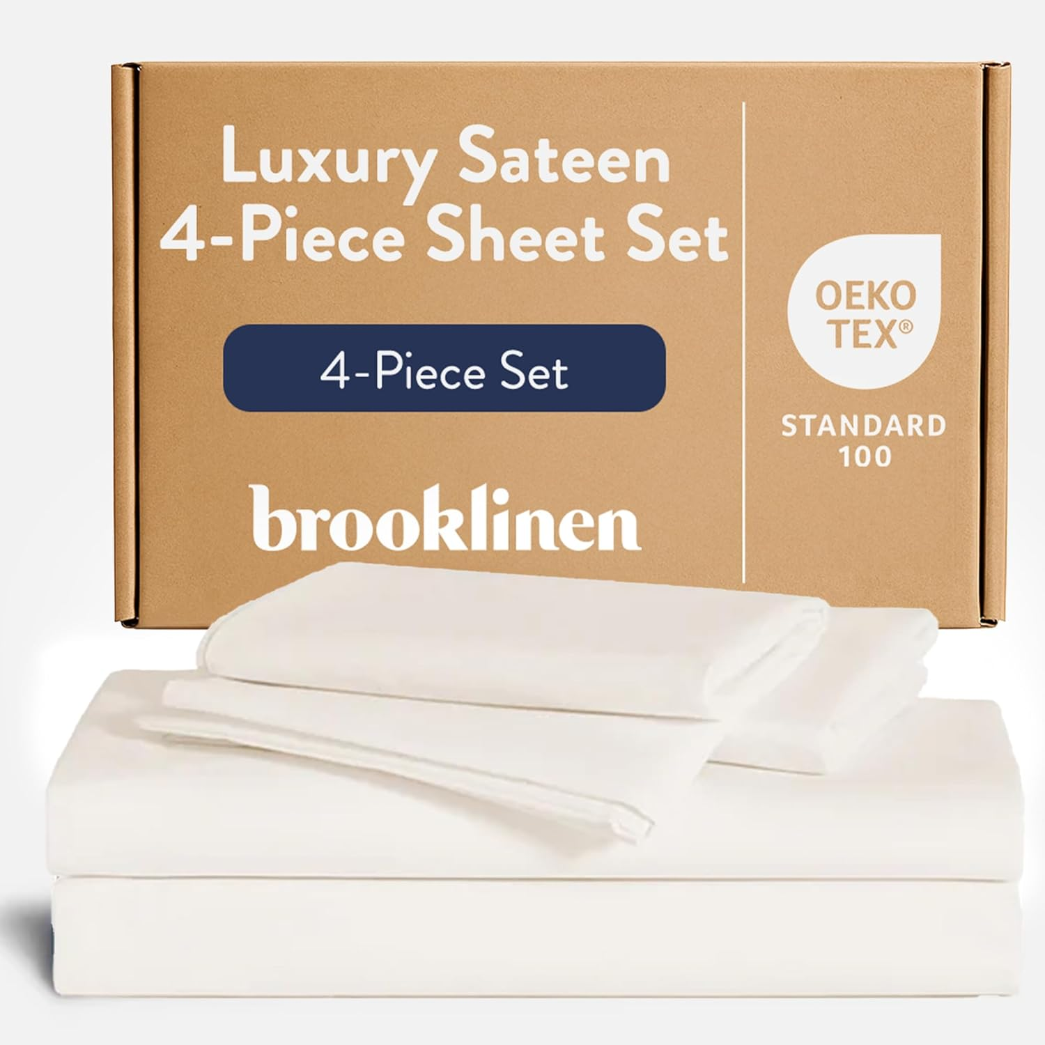 Brooklinen Luxury Sateen 4 Piece Sheet Set - 100% Cotton Bed Sheets, Soft & Durable California King Size Sheets Set in White, Oeko-Tex Certified Bedding Set,1 Fitted Sheet,1 Flat Sheet,2 Pillowcases