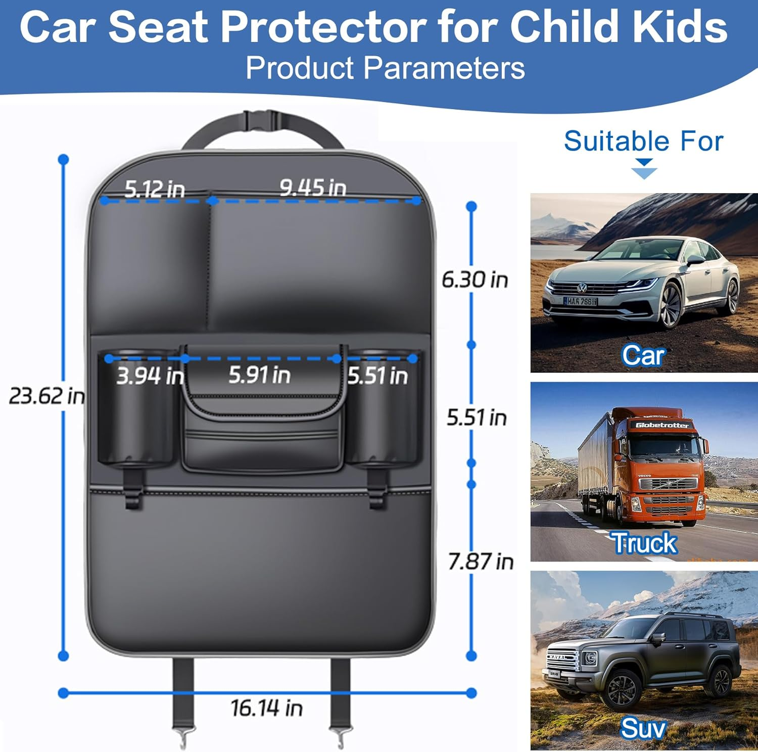 Car Seat Protector for Child Kids, Auto Seatback Kick Mat & Backseat Organiser, Universal Waterproof Anti-Fouling Nappa Leather Upholstery Protection Accessories for SUV, Sedan, Truck (Black) image number 5