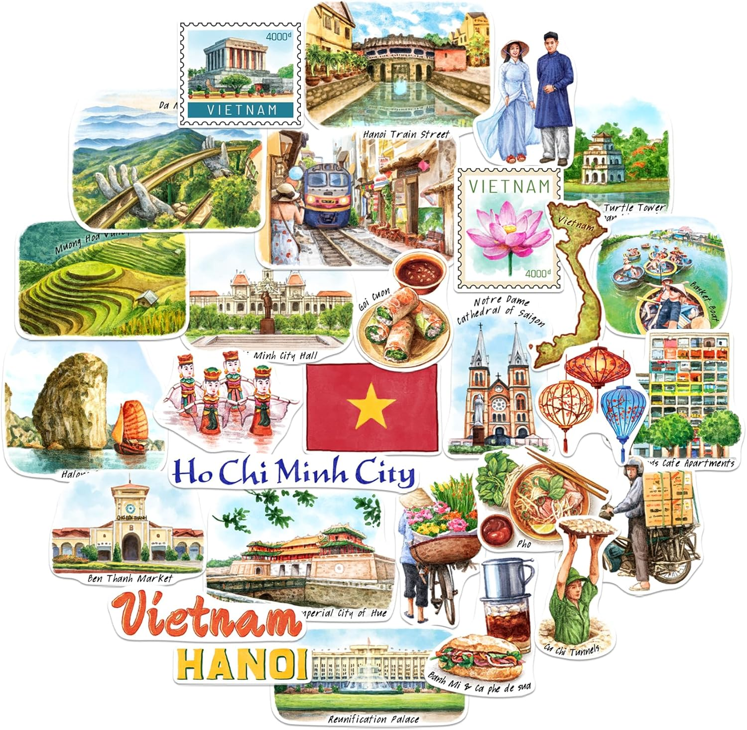 Navy Peony Vibrant Vietnam Travel Stickers (28Pcs) - Watercolor, Vietnamese-Themed Vacation Decals for Journals, Scrapbooks, Luggage, Tumbler image number 3