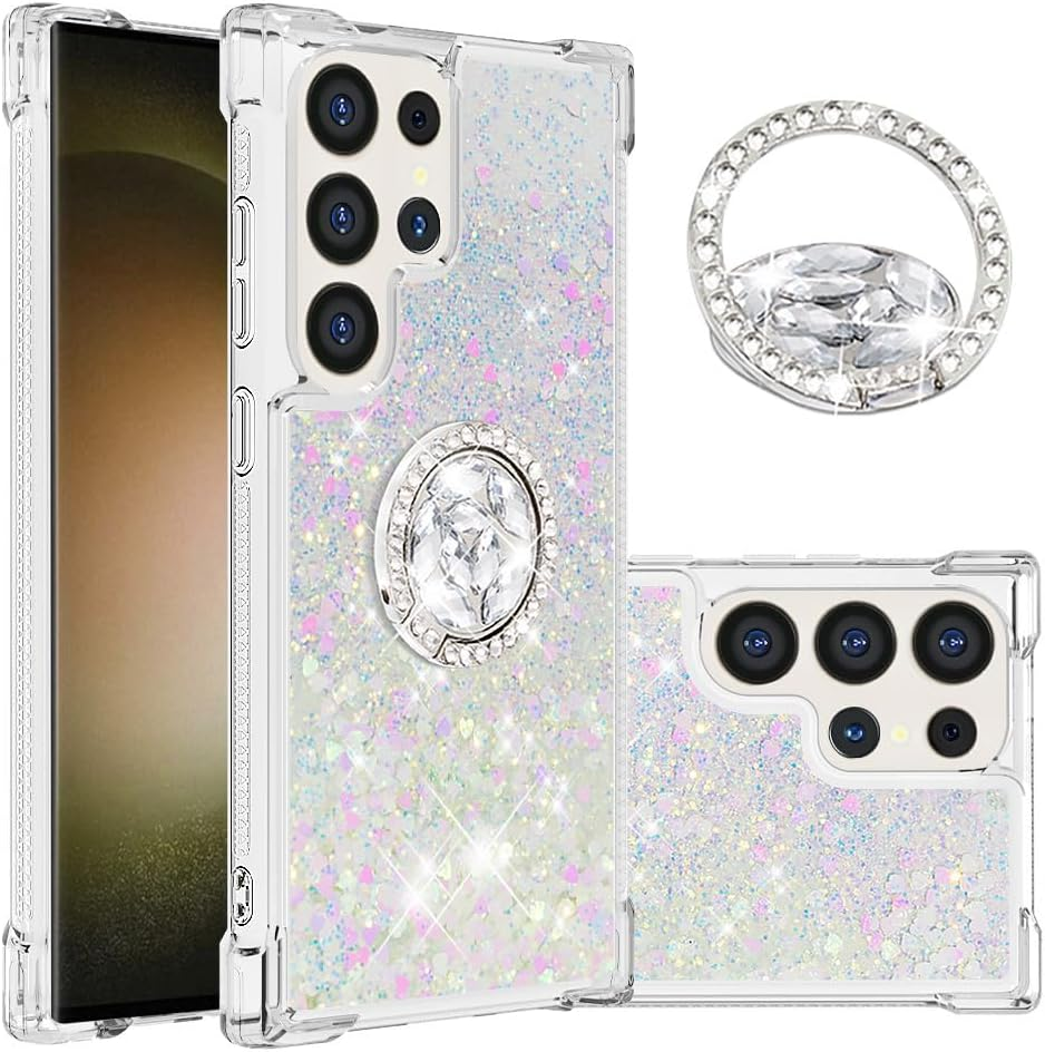 QIWEIQING Compatible with Samsung Galaxy S25 Ultra Liquid Case, Liquid Bling Quicksand Flowing Soft TPU Silicone Case with 180 Degree Ring Stand Case for Samsung S25 Ultra. Colourful YBH