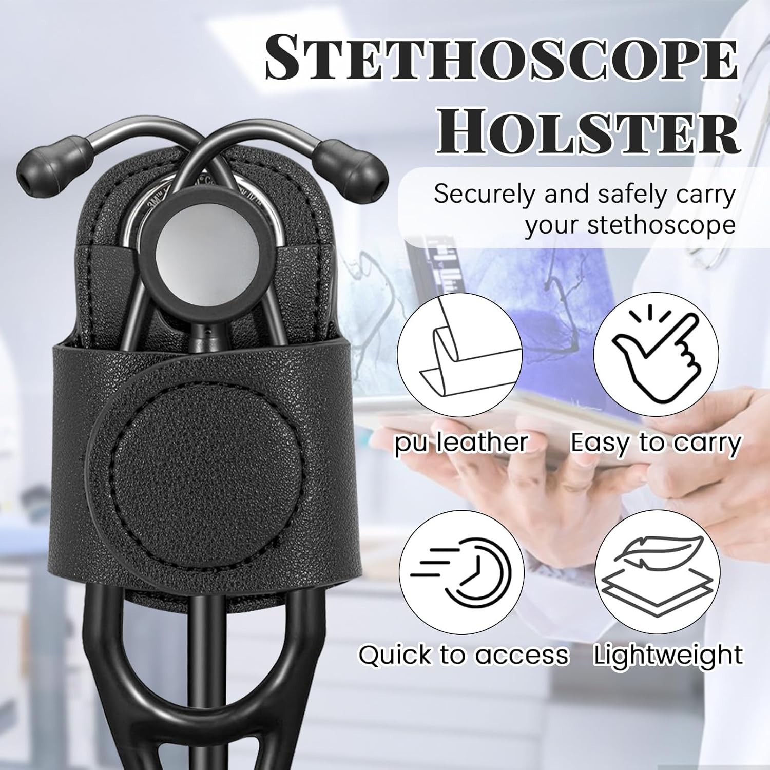 Leather Stethoscope Holder Hip Clip, Stethoscope Hip Holder for Waist Belt, Clip-On Stethoscopeholder for Physicians Nurses(Black) - Black image number 3