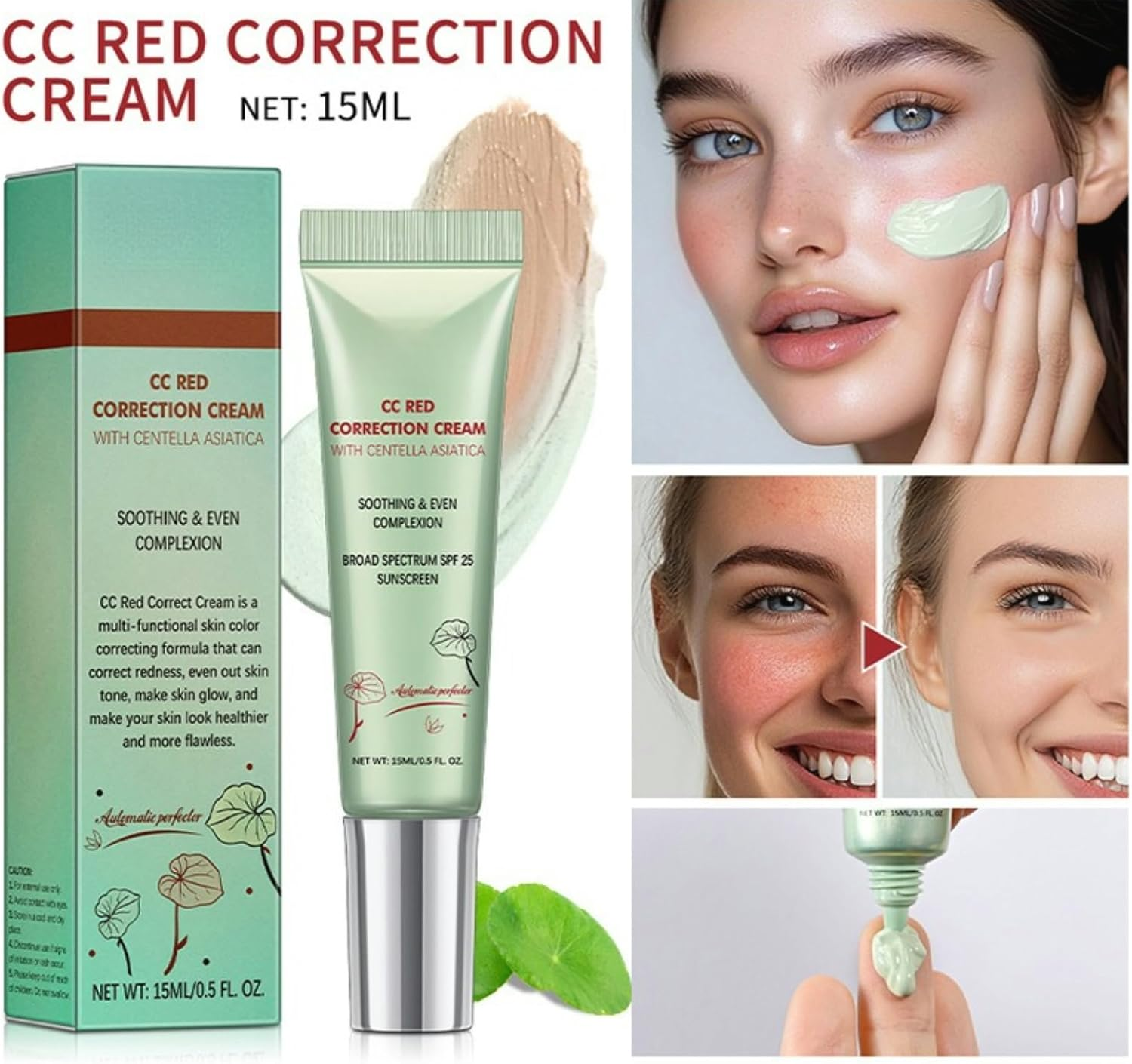 CC Cream with SPF 25, Lightweight Hydrating Foundation, Evens Skin Tone & Refines Texture, 15Ml/0.5Fl.Oz, Moisturizing Concealer & Pre-Makeup Primer for All Skin Types - Green image number 5