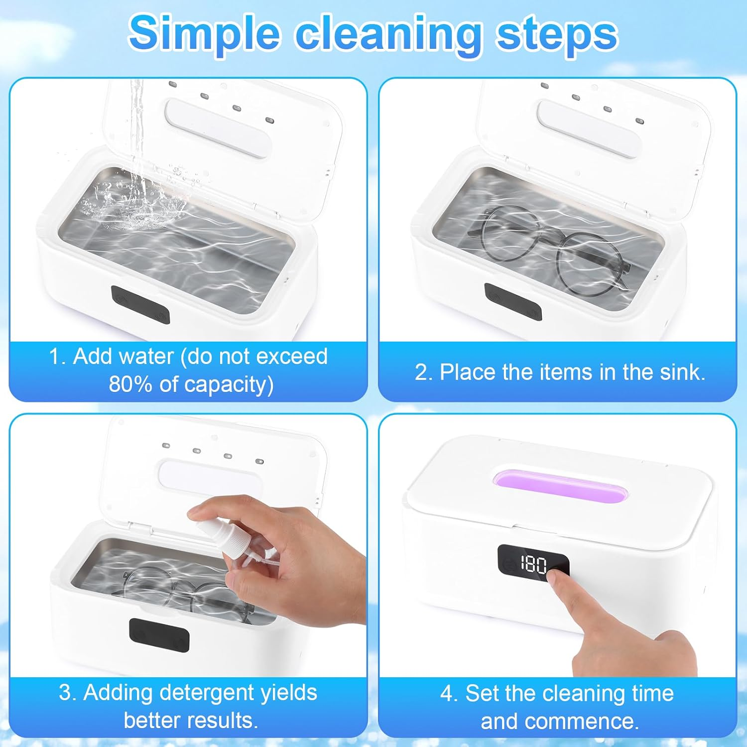 800 Ml Ultrasonic Cleaning Device, 49000Hz U-V Ultrasonic Cleaner with 5 Timer Modes - Glasses Cleaning Device for Deep Cleaning of Jewellery, Glasses, Braces, Prostheses, Coins and Razor Heads-1