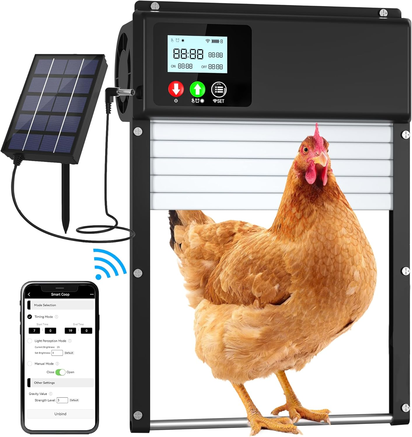 Upgraded 3In1 Wifi Automatic Chicken Coop Door Solar Powered, APP Remote Control Chicken Coops Door Opener, LCD Display, Timer Light Sensor, Electric Auto Doors 8000Ma Battery, Anti-Pinch image number 5
