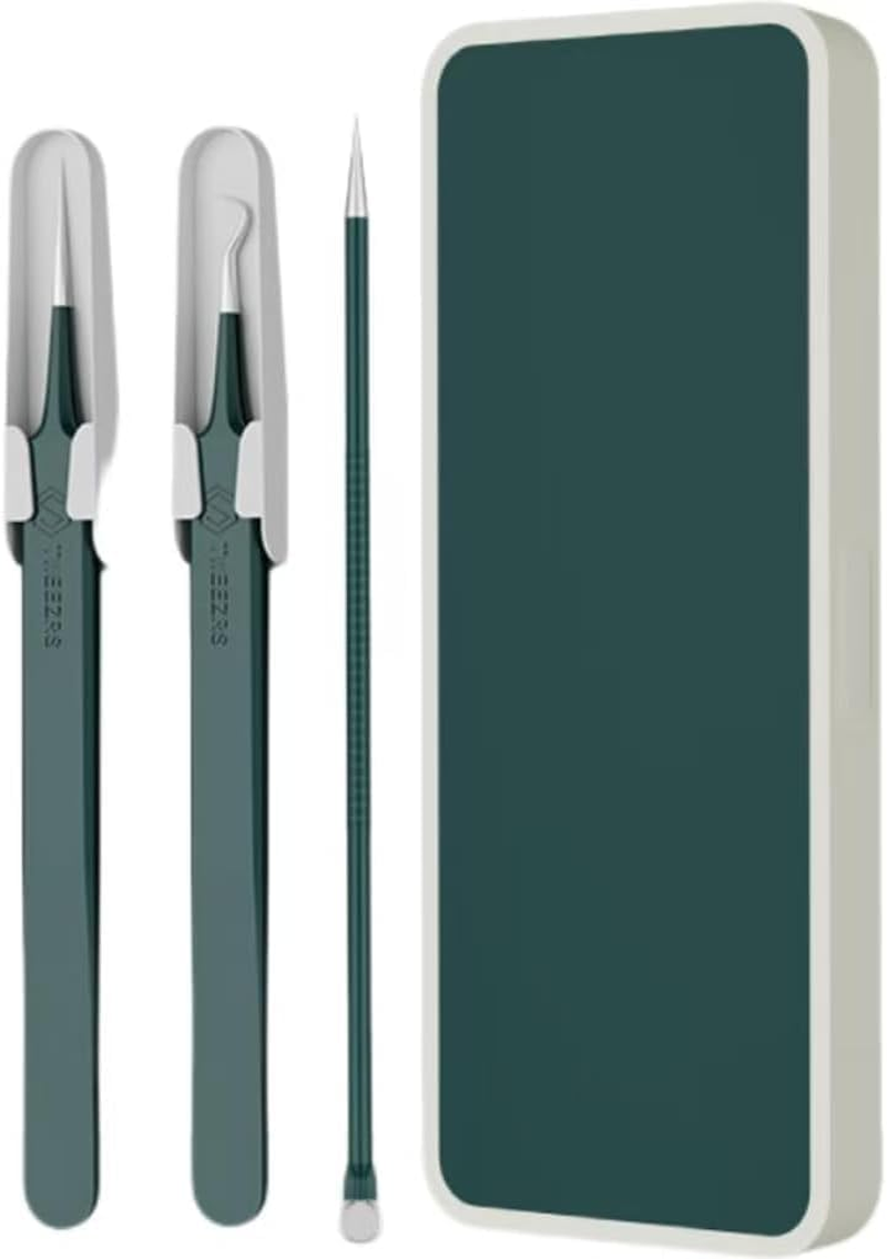 Upgrade Facial Blackhead Remover Tweezers, Ingrown Hair Tweezers,Extractor Acne Removal, Pimple Popper Tool Suit with Box (Green, 3Pieces/1Set)