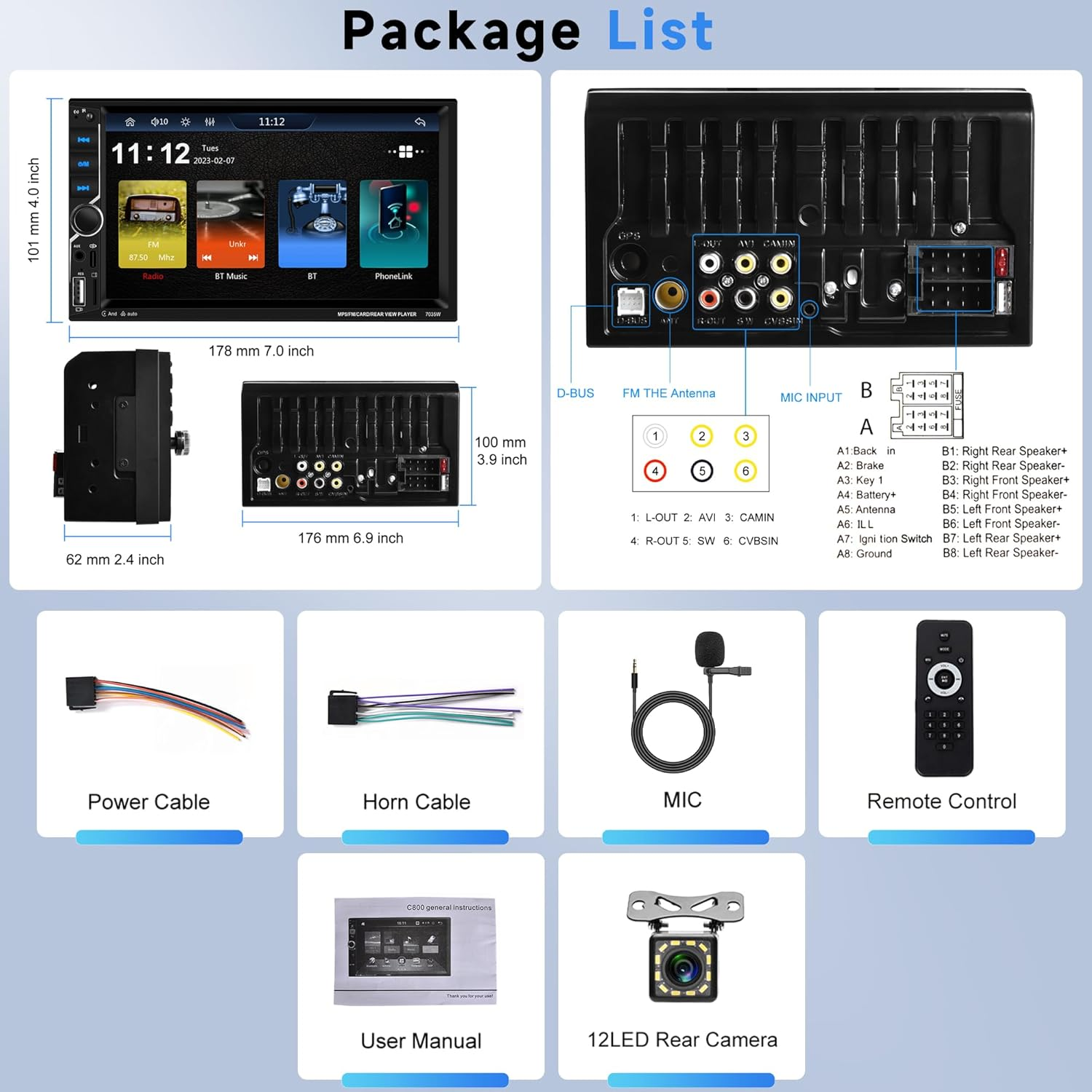 Double Din Car Stereo Wireless Apple Carplay Rimoody 7 Inch HD Touchscreen Car Radio with Android Auto Mirror Link, Backup Camera, Bluetooth, FM, EQ SWC/USB/TF/AUX Remote Control image number 1