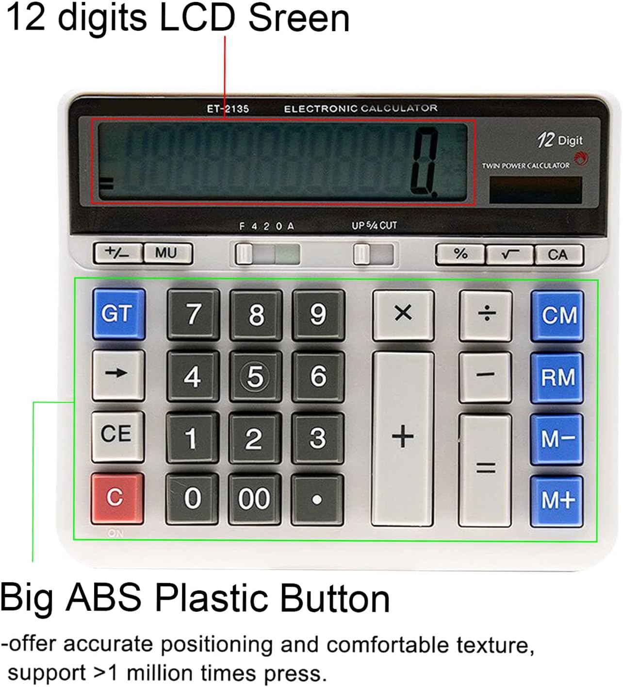 RAYWE Large Computer Electronic Calculator Counter Solar&Battery Power 12 Digit Display Multi-Functional Big Button for Business Office School Calculating image number 2