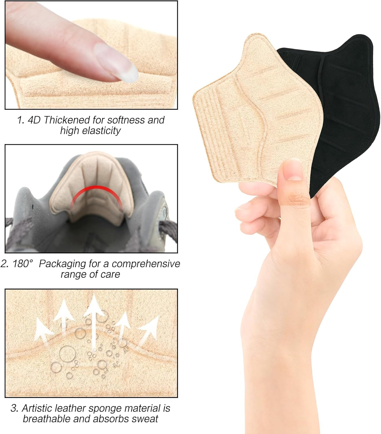 4Pieces Heel Cushion Inserts, Anti-Slip Lether Heel Grips Liners Shoe Pads Reusable Adhesive Comfort Thick Back Insoles for Boots - Sport Shoes Heel Blister Protectors - Beigeblue image number 5