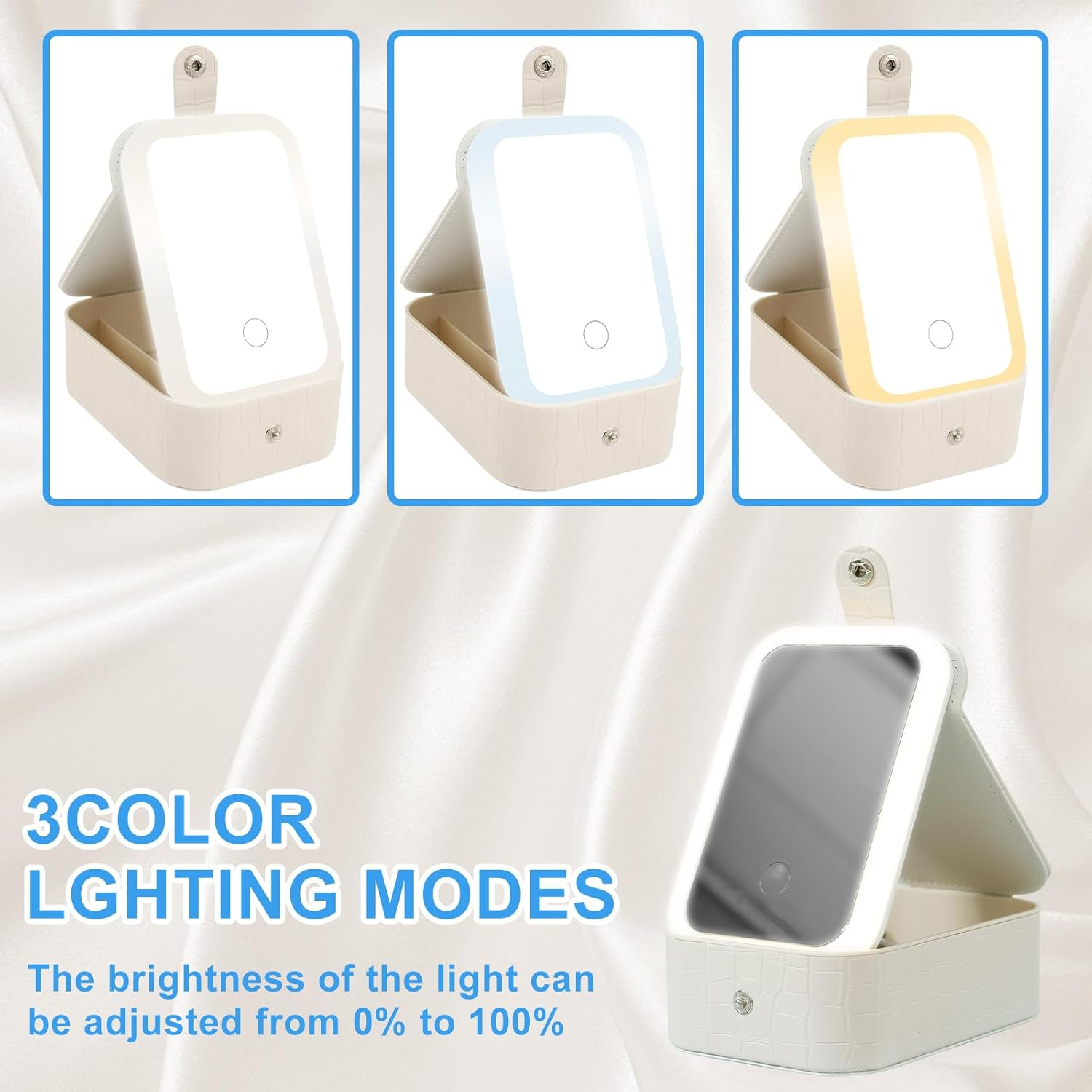 Travel Makeup Bag with LED Light up Mirror, 3 Color LED Adjustable Brightness Travel Cosmetic Bags, 4 Removable Shockproof EVA Partitions Waterproof Makeup Organizer Bag with Lighted Mirror (White) image number 5