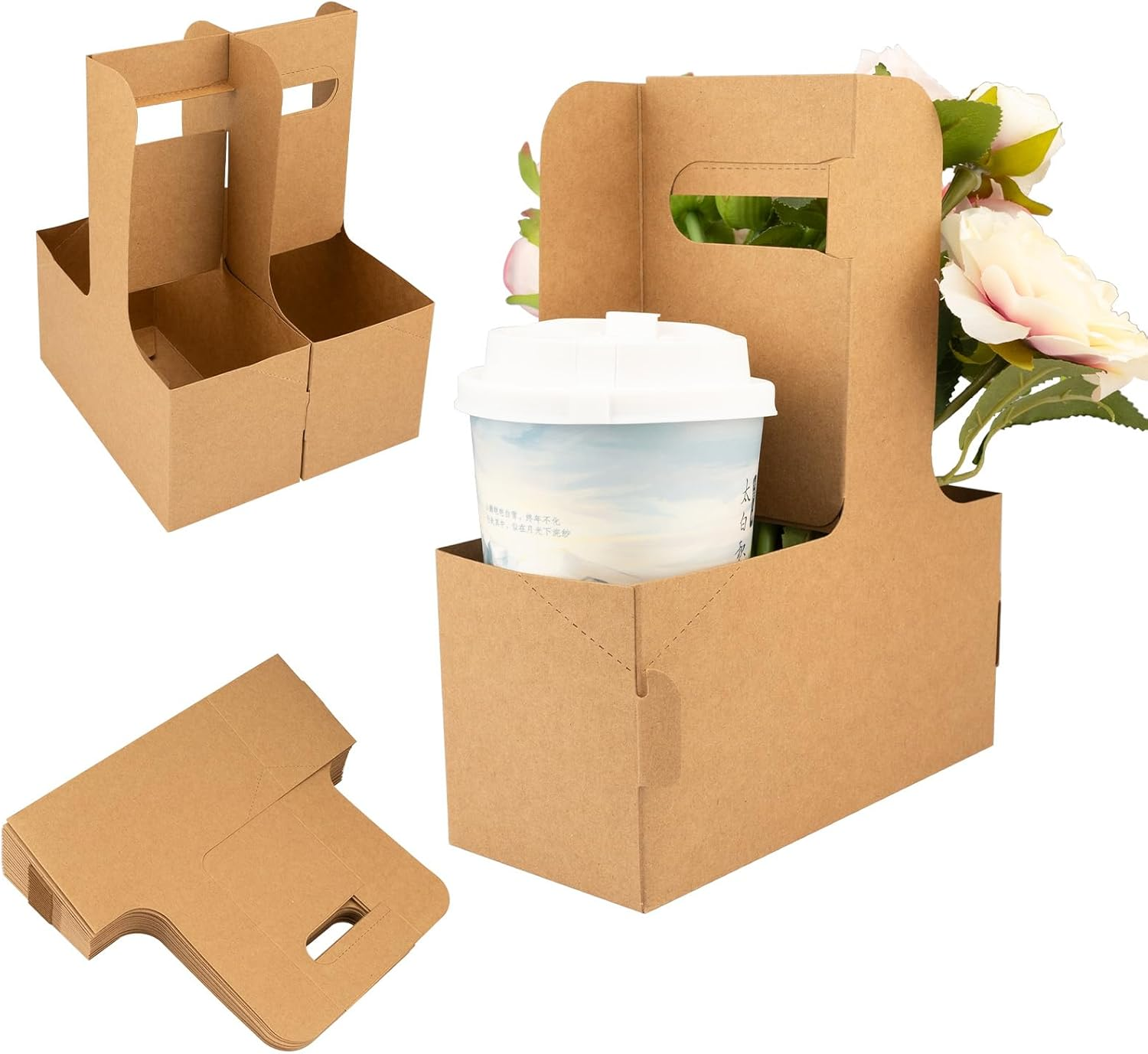 2 Cup Drink Carrier with Handle,Pack of 20 Kraft Paperboard Take Out Cup Carriers,Portable Foldable Cup Carrier for Hot or Cold Drinks,Coffee Carrier, Food Delivery (Brown) image number 5