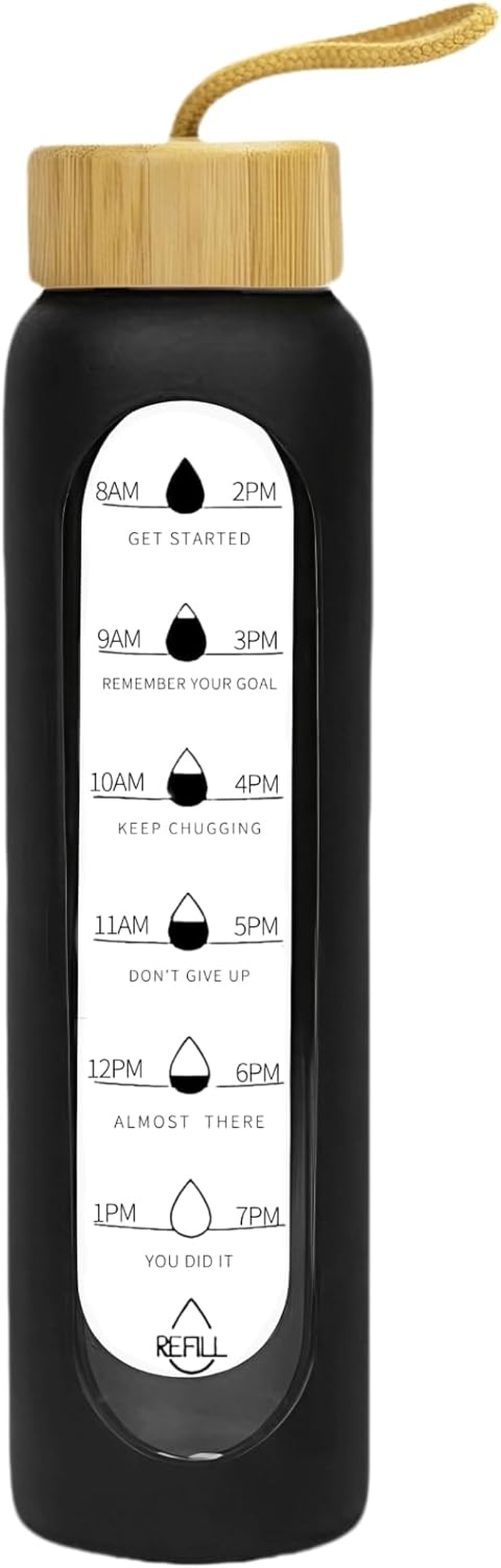 1Litre Glass Drink Bottle with Silicone Sleeve, Borosilicate Glass Water Bottle with Time Markings and Bamboo Lid, Wide Mouth (Army Green Silicone Sleeve, 1000Ml)