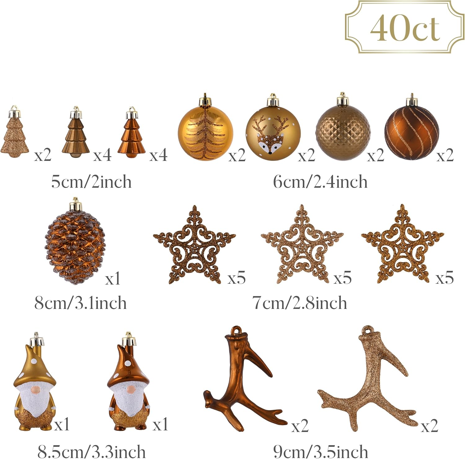 Valery Madelyn Christmas Ornaments Set, 40Ct Brown Copper and Gold Shatterproof Christmas Tree Decorations, Woodland Bronze Gnome Deer Hanging Ball Ornaments Bulk for Thanksgiving Xmas Holiday Decor image number 4