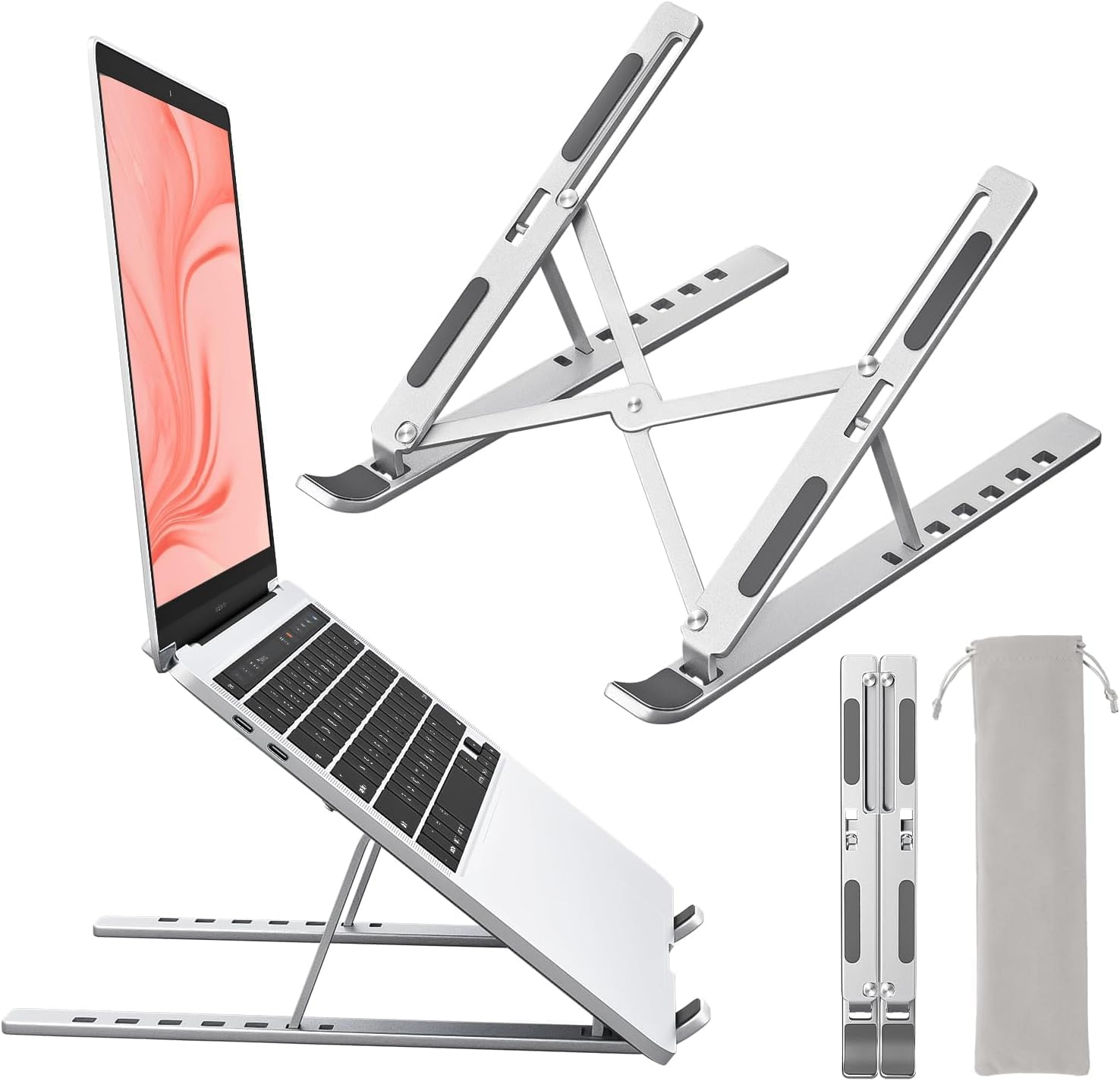 Laptop Stand, Hlculture Portable Adjustable Tablet Stand, Foldable Aluminum Laptop Holder Riser, Compatible with Macbook Air, Macbook Pro, HP, More 10-15.6" Laptops & Tablet (Silver-1Pack)