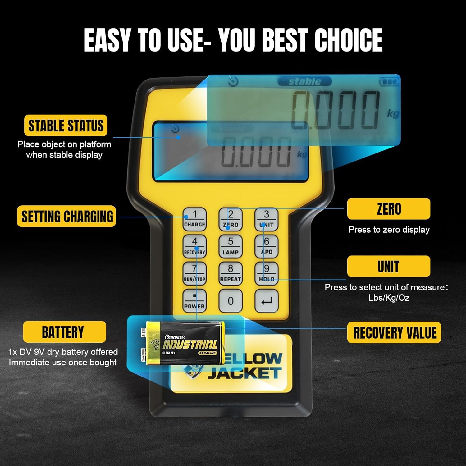 YELLOW JACKET Upgraded Refrigerant Scale 220 LBS High Precision Programmable HVAC Electronic Charging Weight Scale with Portable Case for All Recovery Tanks