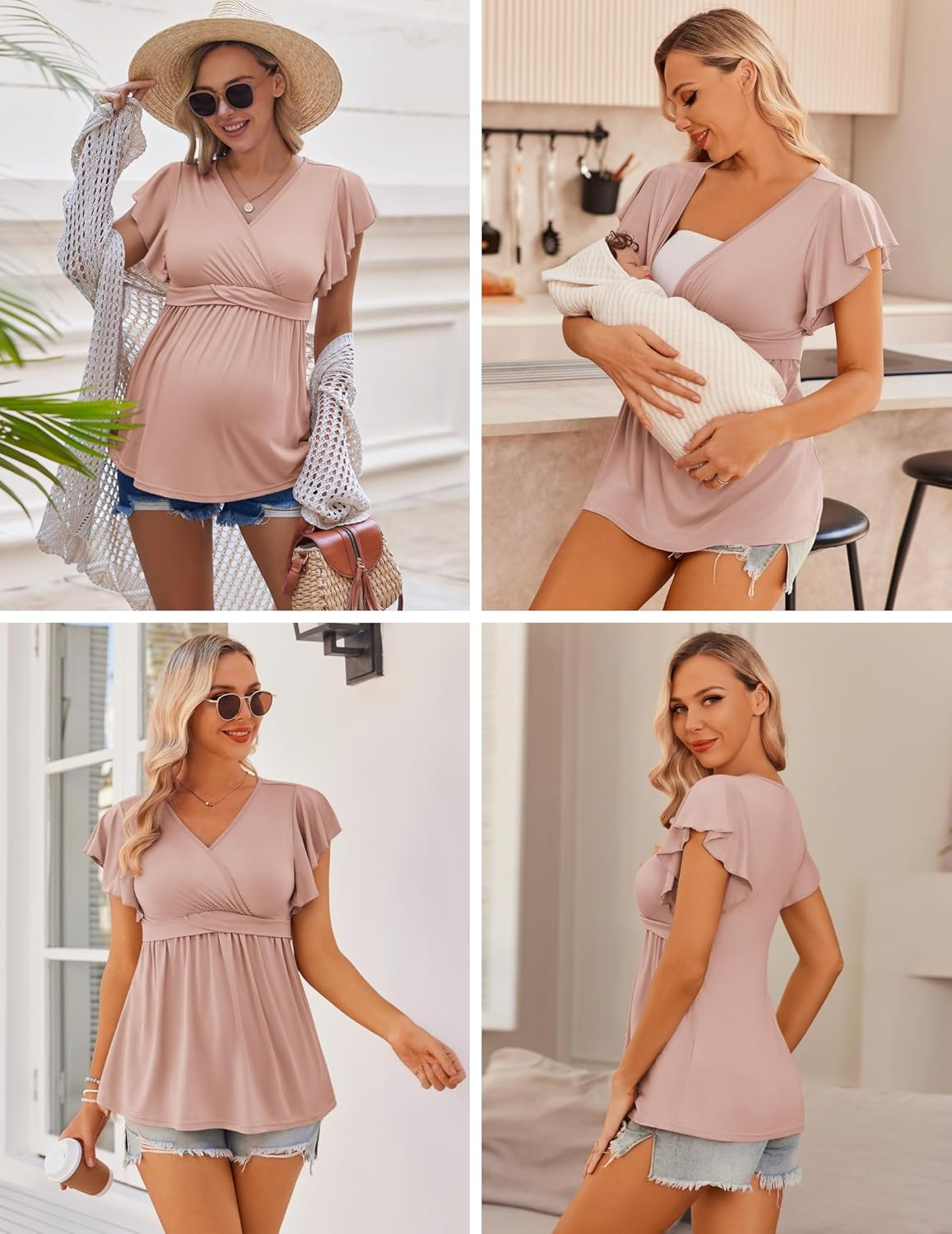 Ekouaer Women'S Maternity Shirts 3 Packs Flying Short Sleeve Nursing Tops V Neck Breastfeeding Tees Pregnancy Clothes image number 4
