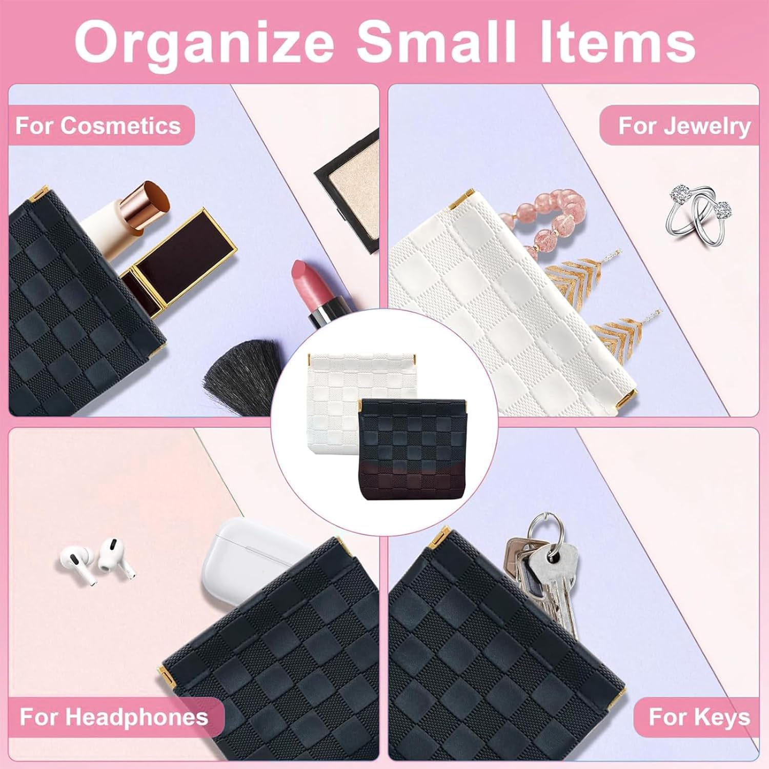 4PCS Mini Makeup Bags for Purse &ndash; Small Leather Cosmetic & Lipstick Pouches Waterproof Travel Organizer for Women (White & Black) image number 2