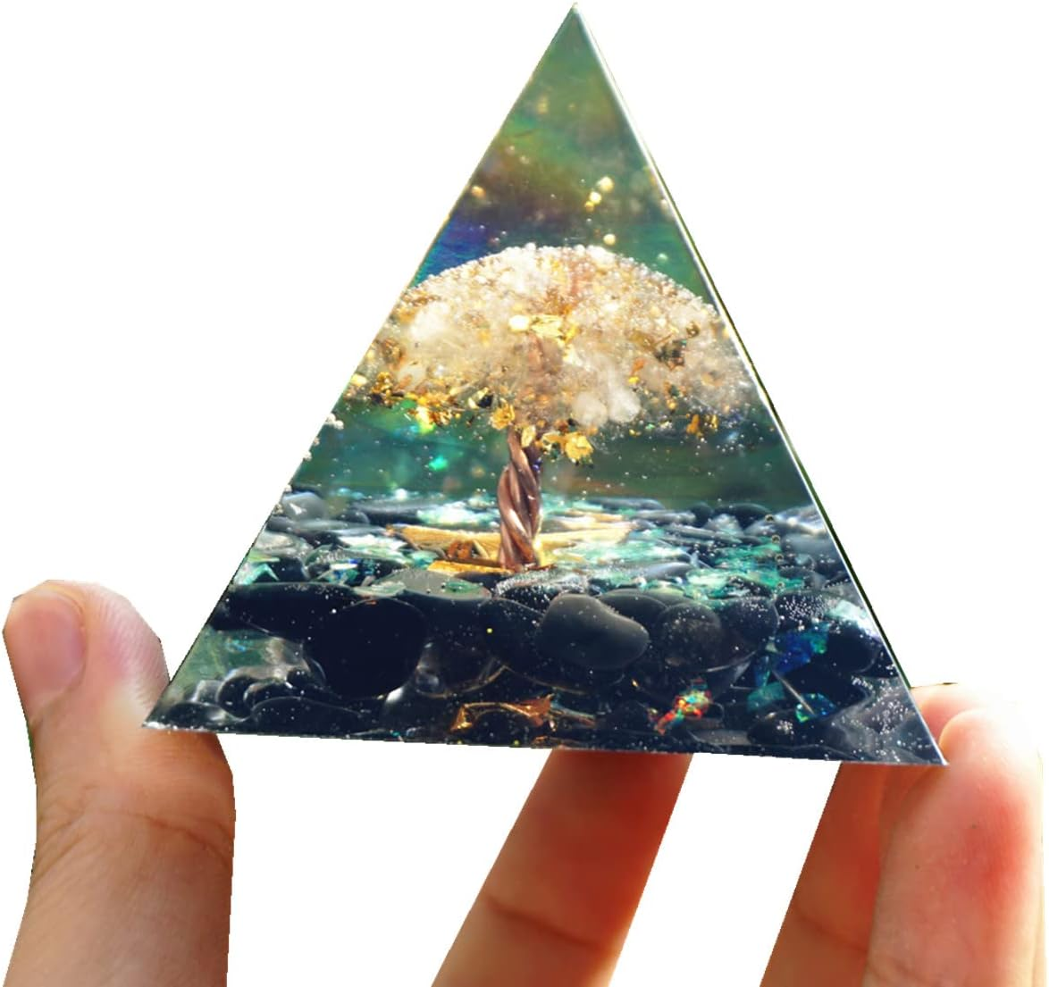 Tree of Life Orgonite Pyramid Kit White Quartz with Obsidian Stone Positive Reiki Energy Generator Crystal Healing Orgone Collection Wealth Lucky Meditation Tool - Clear-Black image number 6