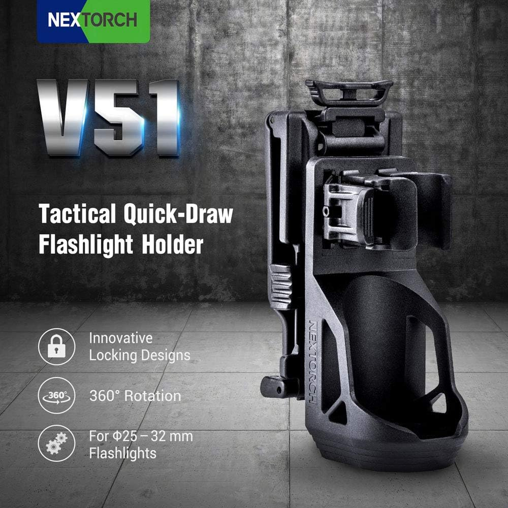 Nextorch V51 Tactical Torch Holster for Duty Belt, 360 Degree Rotation Torch Holder with Lever Side Lock System for 1"-1.25" Diameter Torch, Black