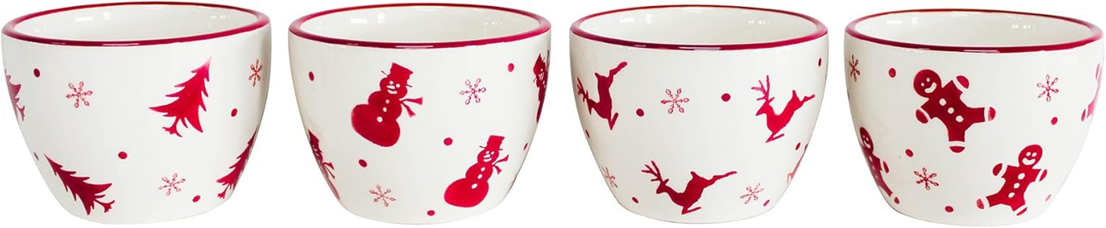 Euro Ceramica Winterfest Collection Festive Ceramic Wavy Edge Candy/Snack Bowls, 3 Piece Set, Assorted Hand-Stamped Holiday Designs, Red & White