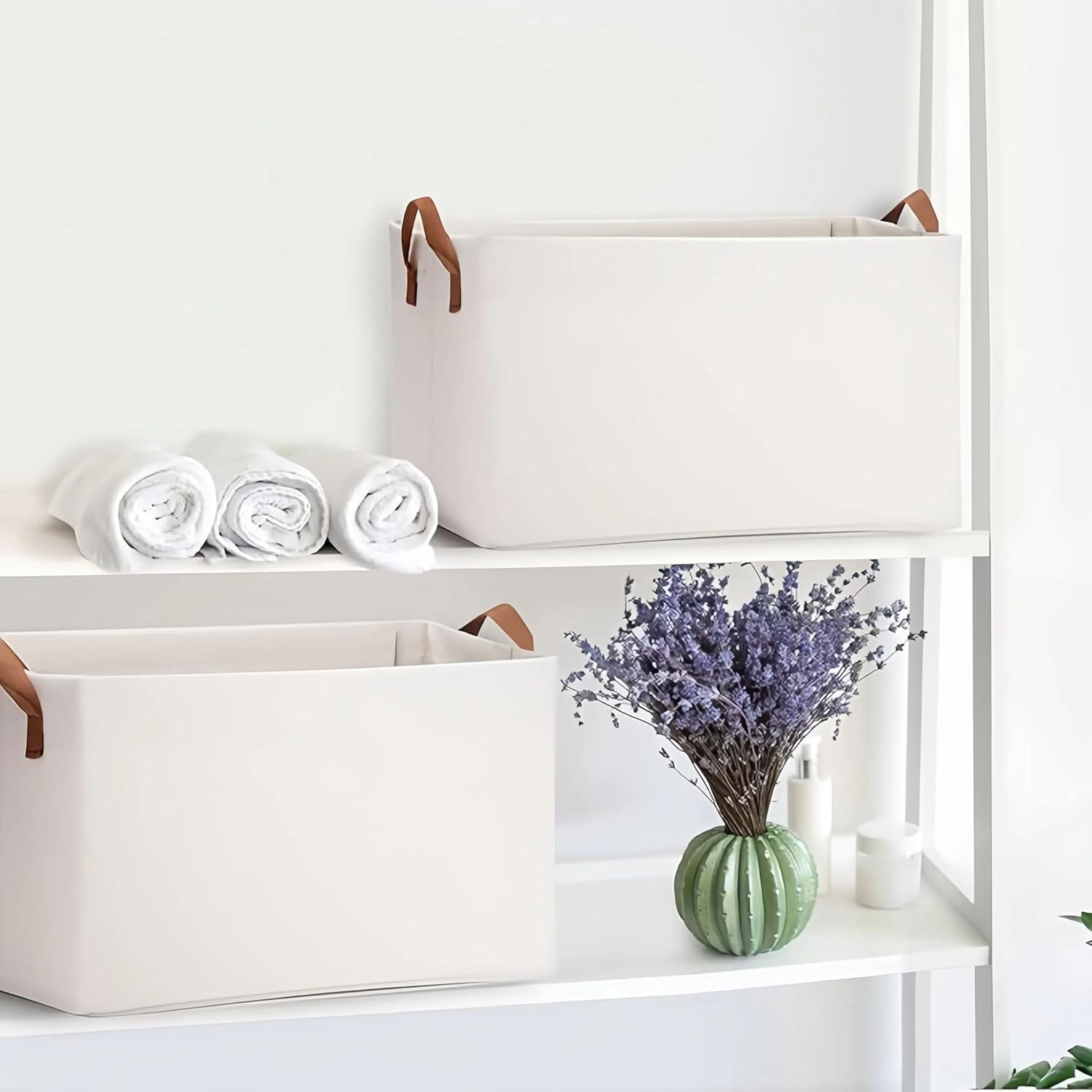 Sawjay Storage Bins for Shelves 47*28*20Cm, 3-Pack Storage Baskets for Closet, Large Linen Organizers and Storage Bins for Bedroom, Collapsible Baskets and Bins with Handles, Beige image number 4