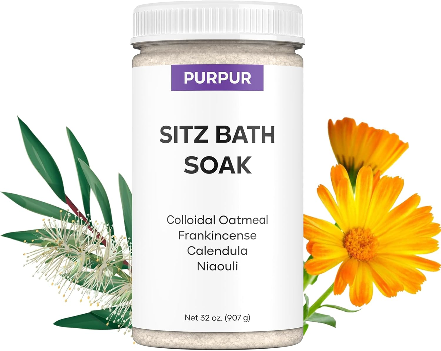 PURPUR Sitz Bath Soak Salts 32 Oz &ndash; Hemorrhoid Treatment for Women & Men, Postpartum Pain Relief, Epsom Salt Bath Soak with Colloidal Oatmeal, Frankincense, Calendula & Niaouli