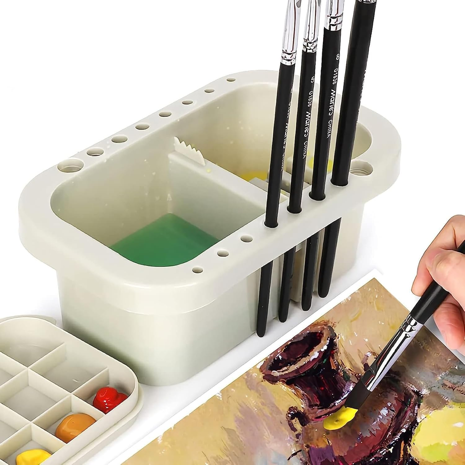 Multi-Function Paint Brush Basin Holder,Paint Brush to Clean Washing Machine,Cover with Tray Palette and 10 Pens,Indoor and Outdoor Watercolor Oil Painting Gouache Cover (Grey) image number 3