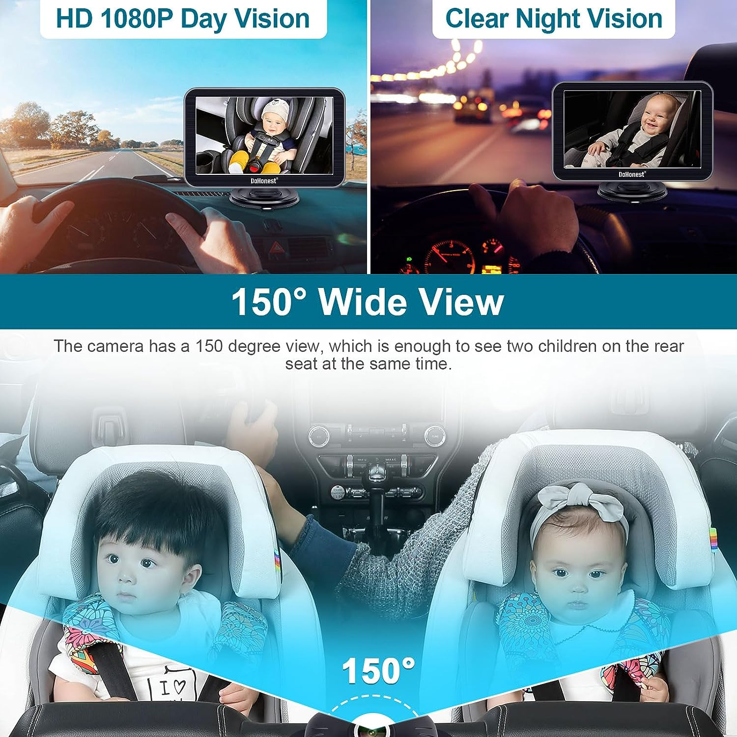 Dohonest Baby Car Camera 7-Inch: USB Plug and Play Easy Setup 360&deg; Rotating Backseat Dual Camera Two Kids HD 1080P Rear Facing Car Seat Camera Clear Night Vision -V9 image number 4