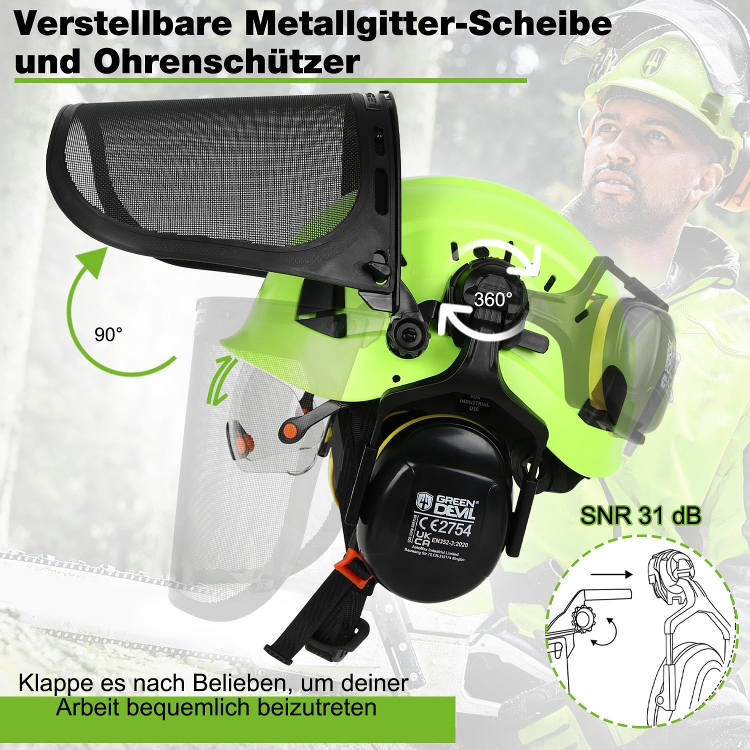 GREEN DEVIL Forestry Chainsaw Safety Helmet EN397 Certified - 5-In-1 System with Mesh Face Protection, Built-In Visor & Earmuffs - Ventilated, for Logging and Gardening - Unisex - Green image number 3